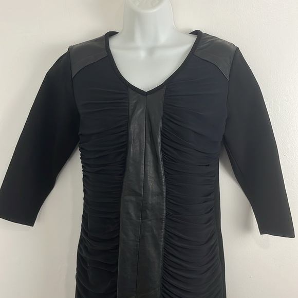 Nicole Benisti Ruched Black Faux Leather and Mesh Bodycon Dress - Picture 3 of 11